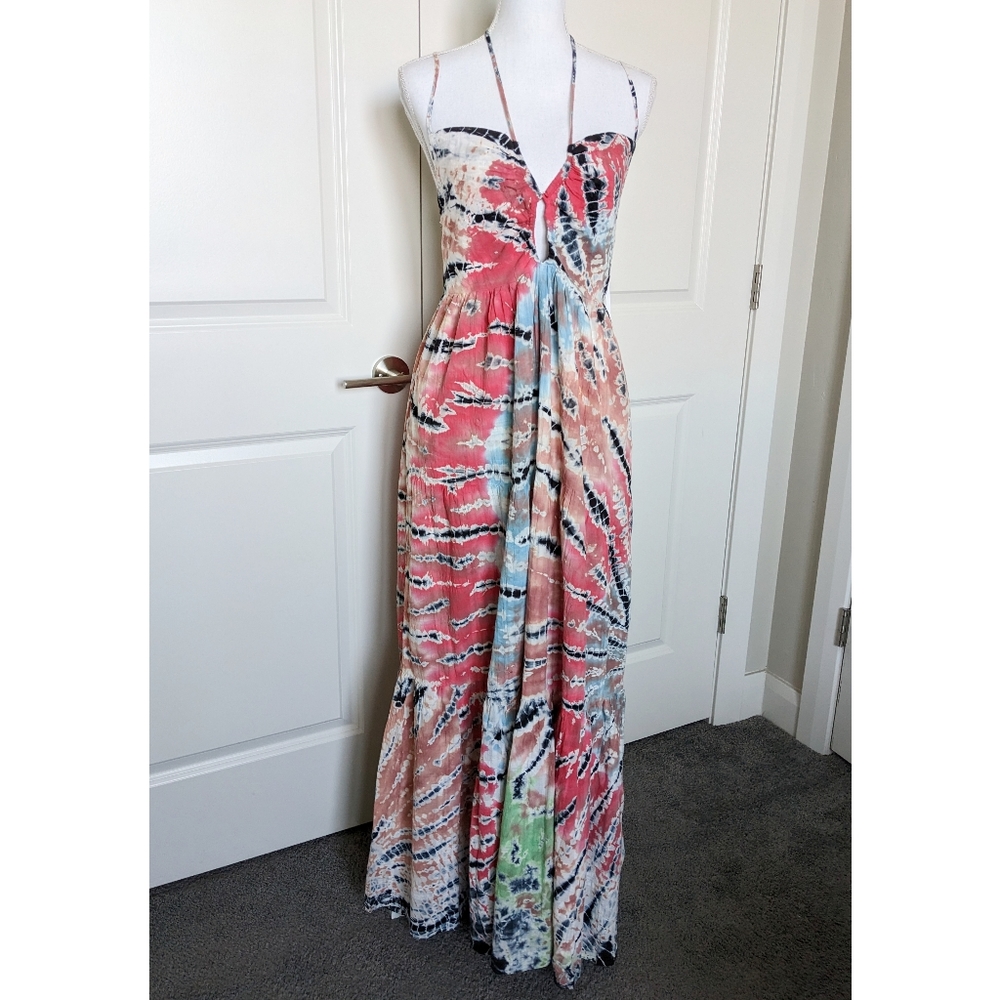 Young Fabulous & Broke Maxi Sun Dress Tie Halter Strawberry Tropic Tie Dye - Picture 5 of 17